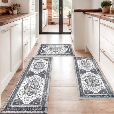 DOMETOUR Farmhouse Kitchen Rugs 3 Piece Set,Non Slip Machine Washable Kitchen Mats,Boho Vintage Kitchen Carpet