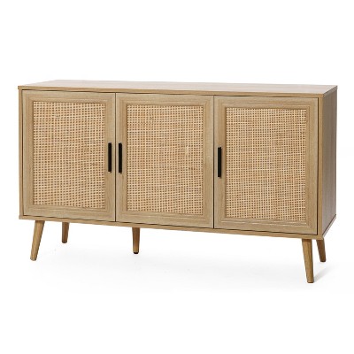 Light Oak 3-Door Rattan and Wood Sideboard Cabinet