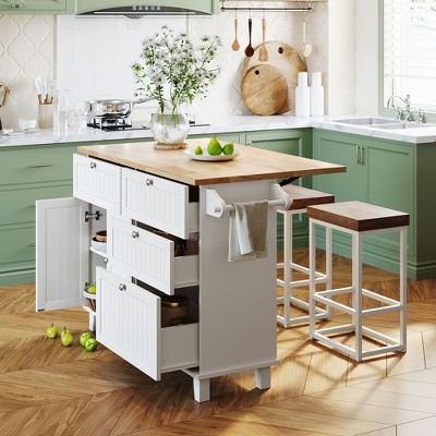 LOVMOR 50.3"Farmhouse Kitchen Island Set with Drop Leaf and 2 Seatings,White