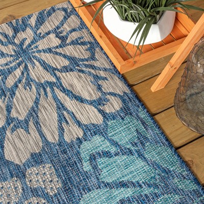 Navy and Aqua Floral Synthetic Square Indoor/Outdoor Rug