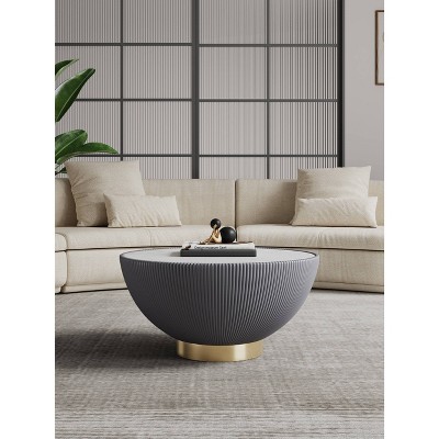 Gray Round Marble Coffee Table with Gold Base and Leatherette Pleating