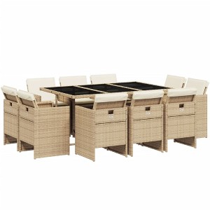 vidaXL 11-Piece Patio Dining Set with Cushions - Poly Rattan, Beige/Black, Glass Tabletop - Outdoor Garden Furniture - 1 of 4