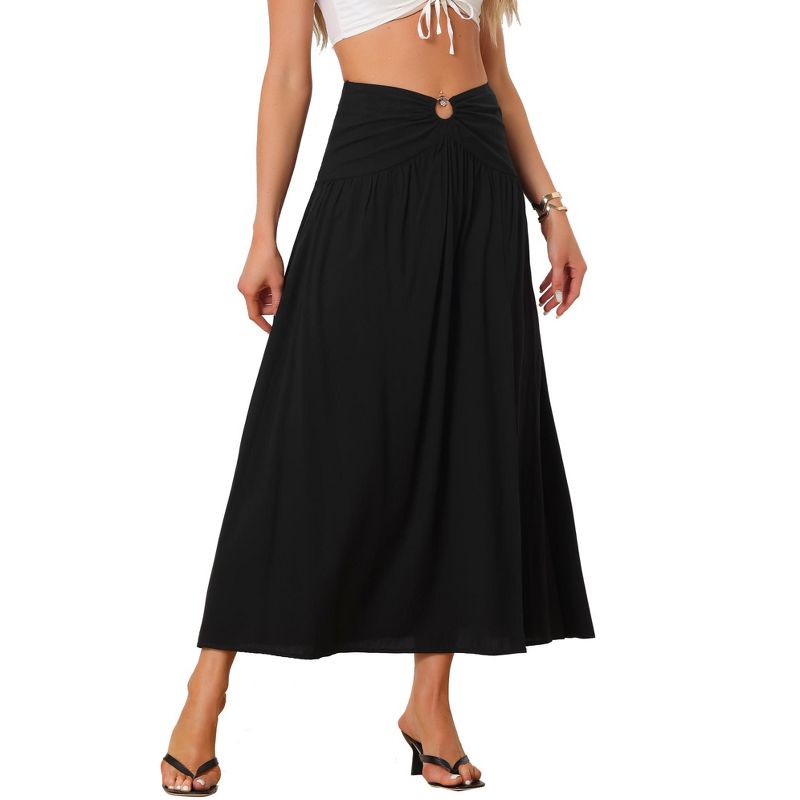 Allegra K Women's Boho Keyhole Smocked Split High Waist Summer Beach Maxi Skirts, 1 of 6