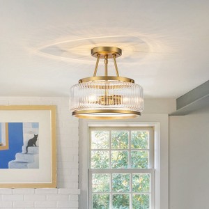 LLHZSY 12" 3-Light Modern Semi Flush-Mount Ceiling Light Fixture with Vertical Striped Glass Kitchen Foyer Hallway Drum Round-Gold Finish - 1 of 4