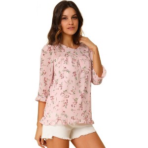 INSPIRE CHIC Women's Round Neck Ruffle 3/4 Sleeve Floral Print Chiffon Blouse - 1 of 4