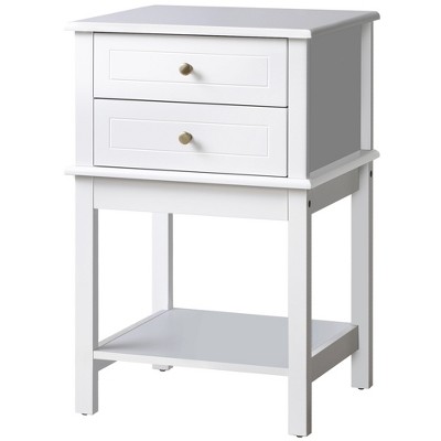Modern White Wood Side Table with Storage Drawers and Shelf