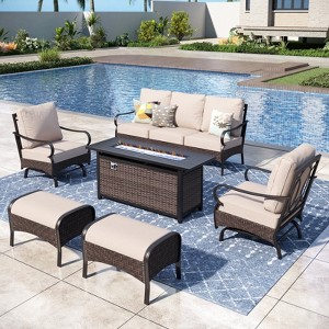 Captiva Designs 6pc Extra Large Metal and Rattan Outdoor Patio Fire Pit Set with Rocking Armchairs and Ottomans - 1 of 4