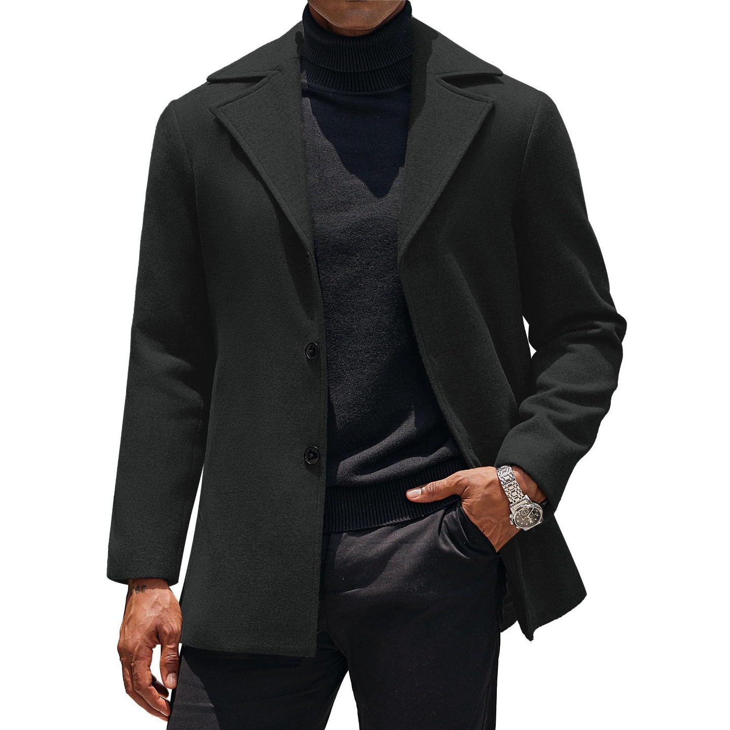 Мужская куртка COOFANDY Wool Coat Single Breasted Peacoat Notched Collar Trench Coat Outdoor Wear Black, цвет: Чёрный — фото 1
