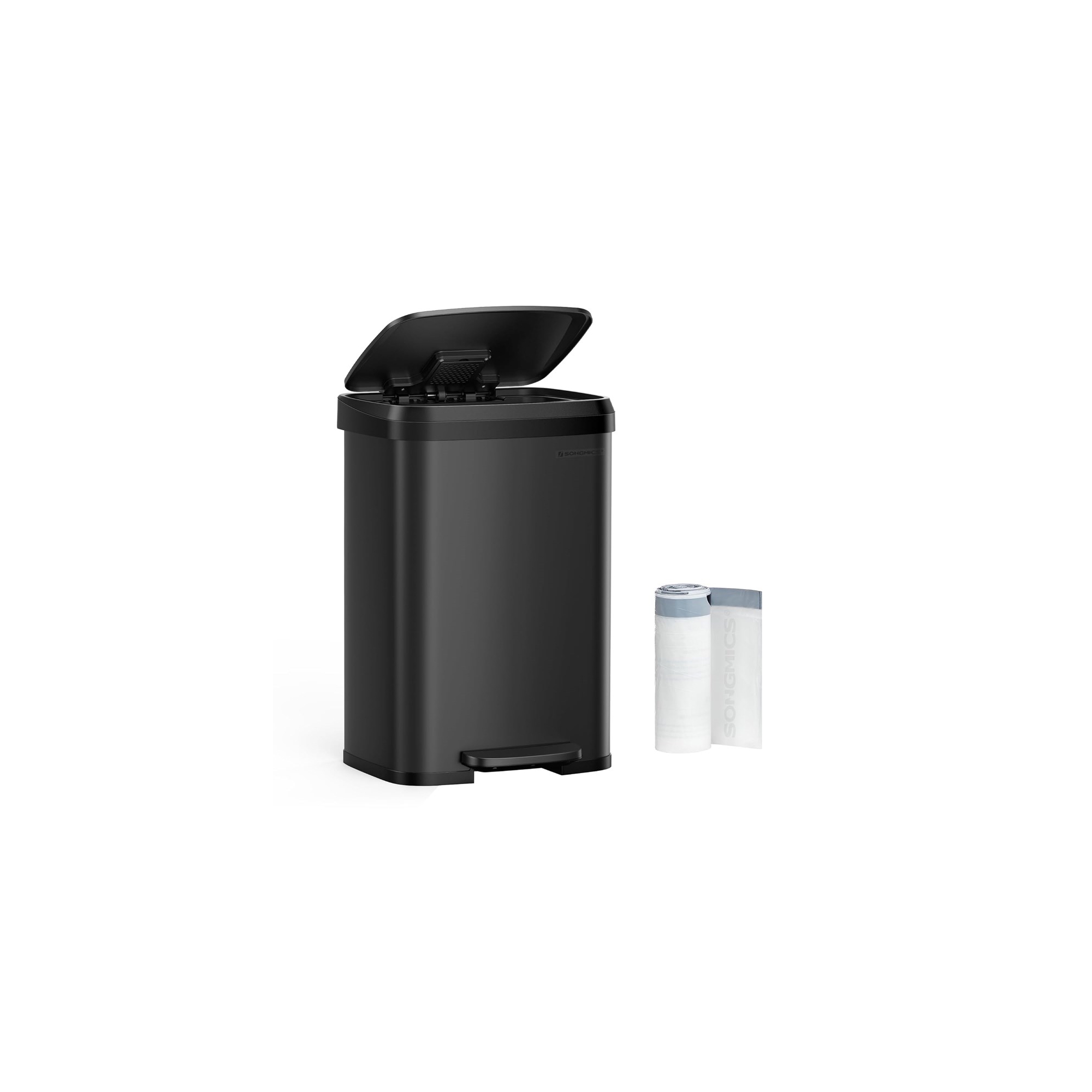 SONGMICS Kitchen Trash Can 13 Gallon Stainless Steel Garbage Can Recycle Bin with Stay-Open Lid and Step-on Pedal Black
