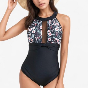 Anna-Kaci Swim Women's Halter Neck One Piece Swimsuit with Keyhole Front Detail and Floral Patterned Bodice - 1 of 4