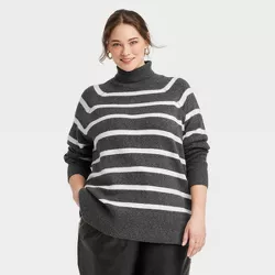 Women's Plus Size Mock Turtleneck Tunic Sweater - A New Day™ Gray Striped 1X