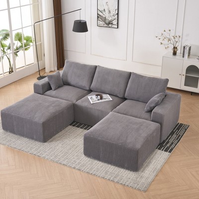 113'' Corduroy U-Shaped Modular Boneless Modern Lounge Sectional Sofa with Chaise, Movable Ottoman, Compression Upholstered and No Assembly