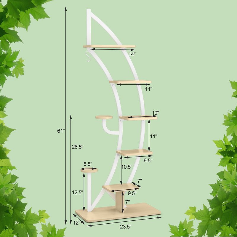Costway 6 Tier Potted Metal Plant Stand Rack Curved Stand Holder Display Shelf with Hook, 3 of 11