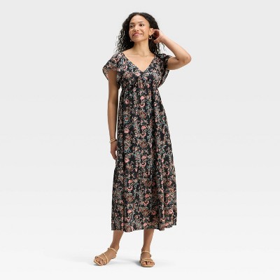 Women's Flutter Short Sleeve Maxi A-Line Dress - Universal Thread™ Black Floral