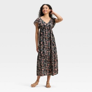 Women's Flutter Short Sleeve Maxi A-Line Dress - Universal Thread™ Black Floral - 1 of 3