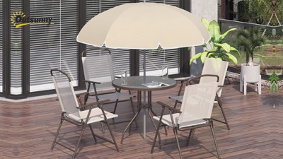 Black 6 Piece Patio Dining Set with Umbrella and Glass Table