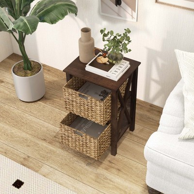 Walnut and Natural Rubber Wood Nightstands with Seagrass Baskets, Set of 2
