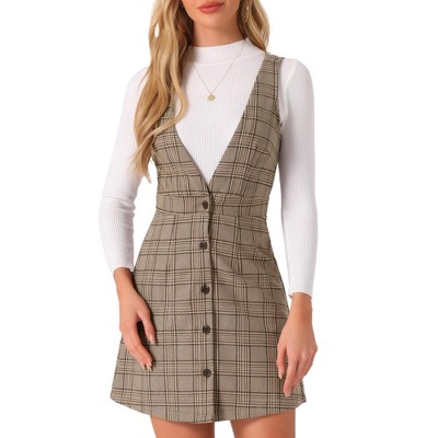 Allegra K Women's V Neck Gingham Check Pinafore Overalls Suspenders Plaid Print Dress