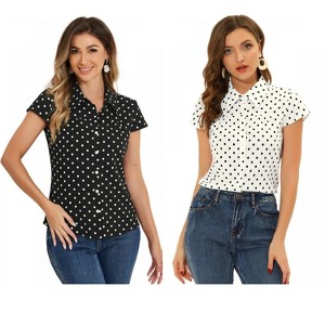 INSPIRE CHIC Women's Short Sleeve Vintage Polka Dots Button Up Blouse 2 Packs - 1 of 4