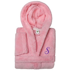 Personalized Linum Kids 100% Polyester SUPER PLUSH Double Brushed Hooded Bathrobe in Purple Script Font - 1 of 3