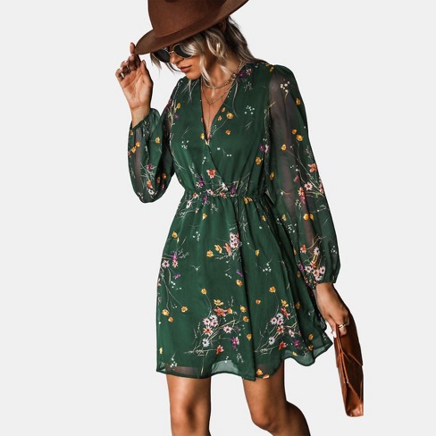 Women's Long Peasant Sleeve Chiffon A-line Mini Dress - Cupshe-xl-green :  Target