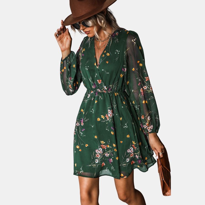 Women's Floral Long Peasant Sleeve Chiffon A-Line Mini Dress - Cupshe, 1 of 7