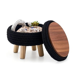 ChicFurnit Ottomans and Benches Round Ottoman Footstool Handwoven Ottoman Floor Step Stool for Living Room, Black, 13.39"*13.39"*7.09" - 1 of 4
