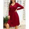 Women's High Waist Drawstring Dress Casual V-Neck Pleated Button Down Long Sleeves Knee Length Midi Dresses - 3 of 4