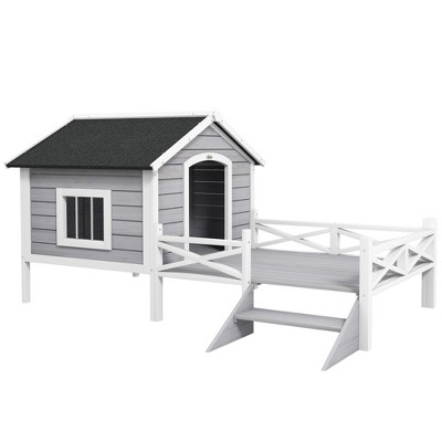 Gray Wooden Elevated Dog House with Porch and Raised Floor