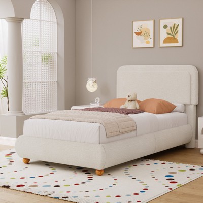 Brafabhome Bed Frame with Round Corner Headboard, Soft Boucle Cloud Platform Bed with Bump-Proof Edge Footboard for Kids, No Box Spring Needed