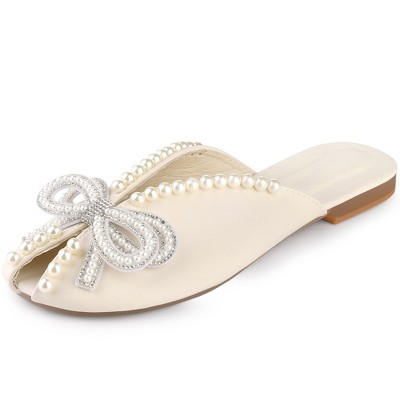 Perphy Women's Peep Toe Pearl Decor Slip-on Flat Slides Mules
