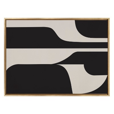 Large Black and Beige Abstract Canvas with Gold Frame