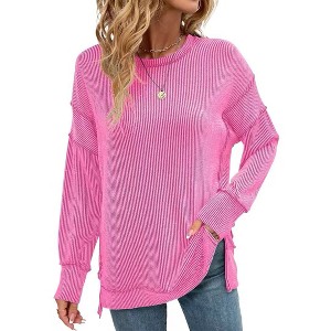 Women's Crewneck Sweatshirt Long Sleeve Side Split Tunic Tops Relaxed Fit Fall Shirts - 1 of 4