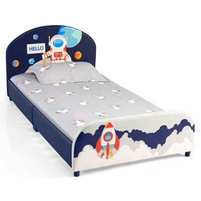 Infans Kids Upholstered Platform Bed Children Twin Size Wooden Bed Astronaut Pattern