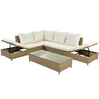 Wellfor 3pc Outdoor Rattan Wicker Sectional Conversation Set with Adjustable Chaise Lounge Beige