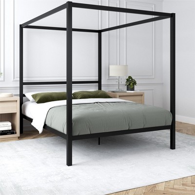 Queen Black Metal Canopy Platform Bed with Headboard and Slats