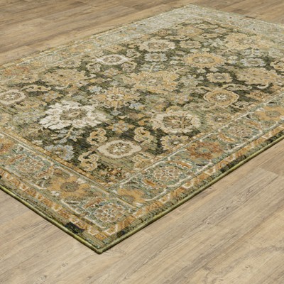 Ivory and Green Synthetic Stain-Resistant Rectangular Area Rug