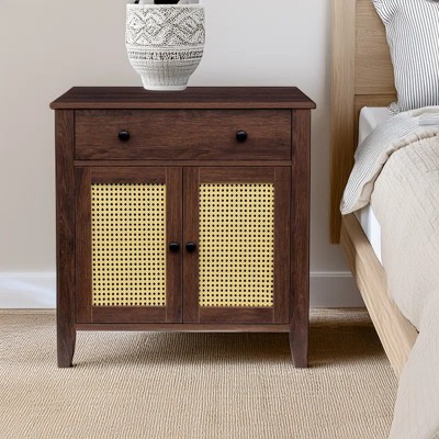 COMHOMA Wood Cabinet with Rattan Decorated Door, Sliding Drawer, Adjustable Shelf, Nightstand, Bedside Table