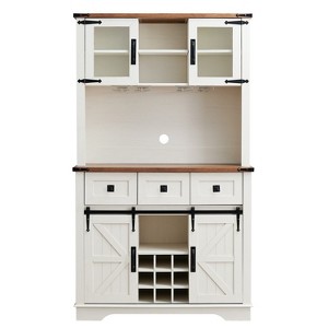 OKD 72" Bar Cabinet with Sliding Barn Door, Large Kitchen Buffet with Hutch w/Wine & Glasses Rack, 3 Drawers, 12 Storage Shelves - 1 of 4
