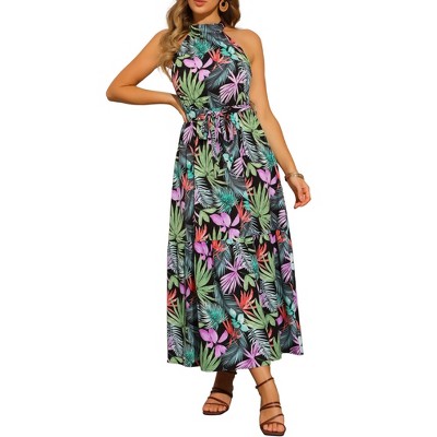 INSPIRE CHIC Women's Halter Neck Sleeveless Floral Print Tie Waist Tropical Maxi Dresses