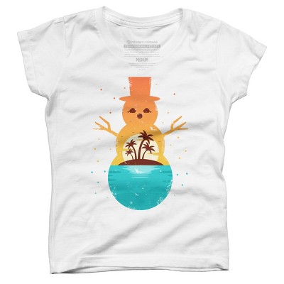 Girl's Design By Humans Christmas in July Snowman Sunset By destiny29 T-Shirt