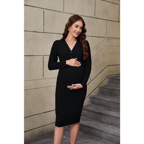 Women's Maternity Dress Long Sleeve/Short Sleeve V Neck Sweater Dress Button Ribbed Knit Slim Fit Elegant Midi Dresses - image 1 of 4