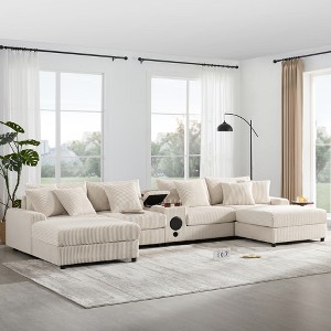 144" Corduroy Upholstered U-Shaped Sectional Sofa with Bluetooth Speakers, Wireless Charging, Storage Ottoman, Cup Holders & Console - 1 of 4