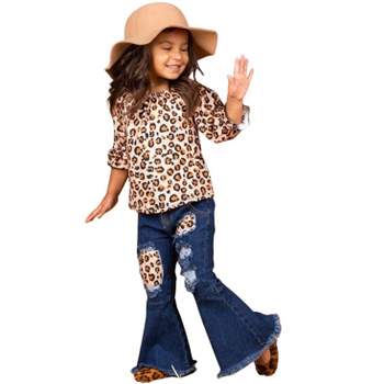 Girls Lil' Leopard Patched Bell Bottom Jeans Set - Mia Belle Girls