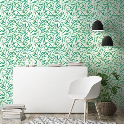 Jade Green Watercolor Leaves Peel and Stick Wallpaper Roll