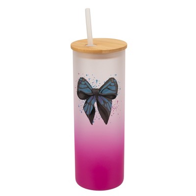 Elanze Designs 25 Ounce Frosted Glass Gradient Travel Tumbler With Straw and Wooden Lid, Blue Monarch Bow Pink