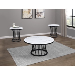 Wood Round 3-Piece Cocktail Set with Faux Marble Top and Cage-Like Base for Living Room - 1 of 4