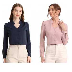INSPIRE CHIC Women's Elegant V Neck Work Office Button Up Shirt 2 Packs - 1 of 4