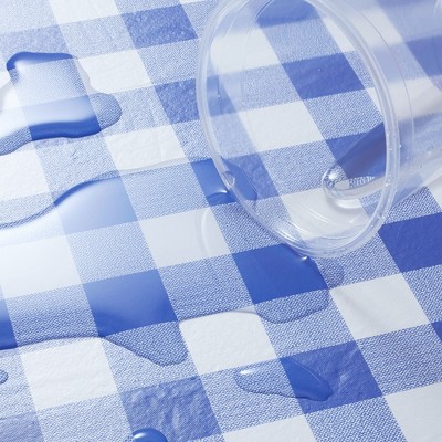 Blue and White Checkered Vinyl Fitted Tablecloth with Flannel Backing