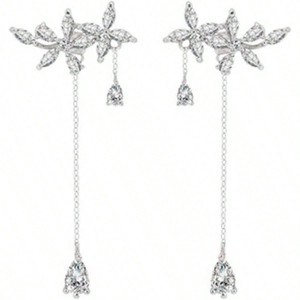 Sterling Silver Flower Dangle Earrings - Bridal Wedding Drop Earrings Fashionable Temperament - 1 of 4